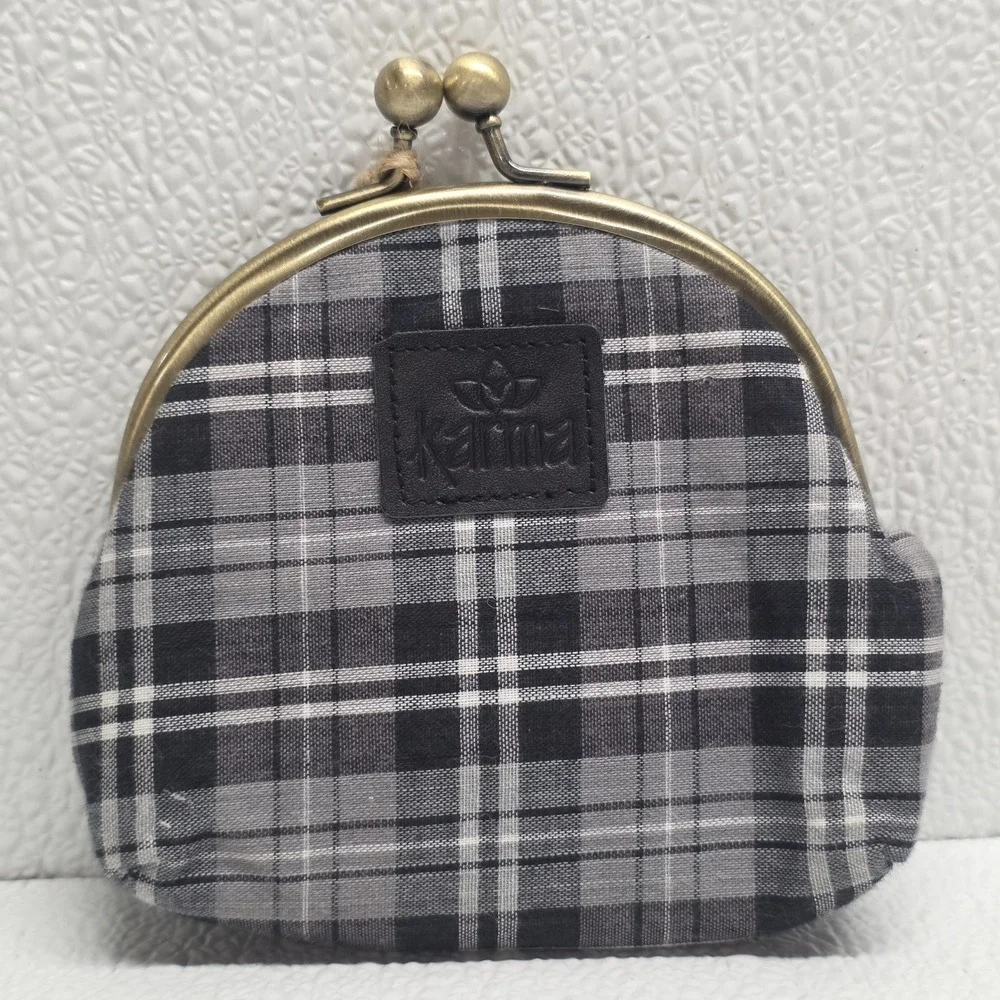 Karma Black Plaid Multicolor Embroidered Sugar Skull Clasp Purse Clutch NWT